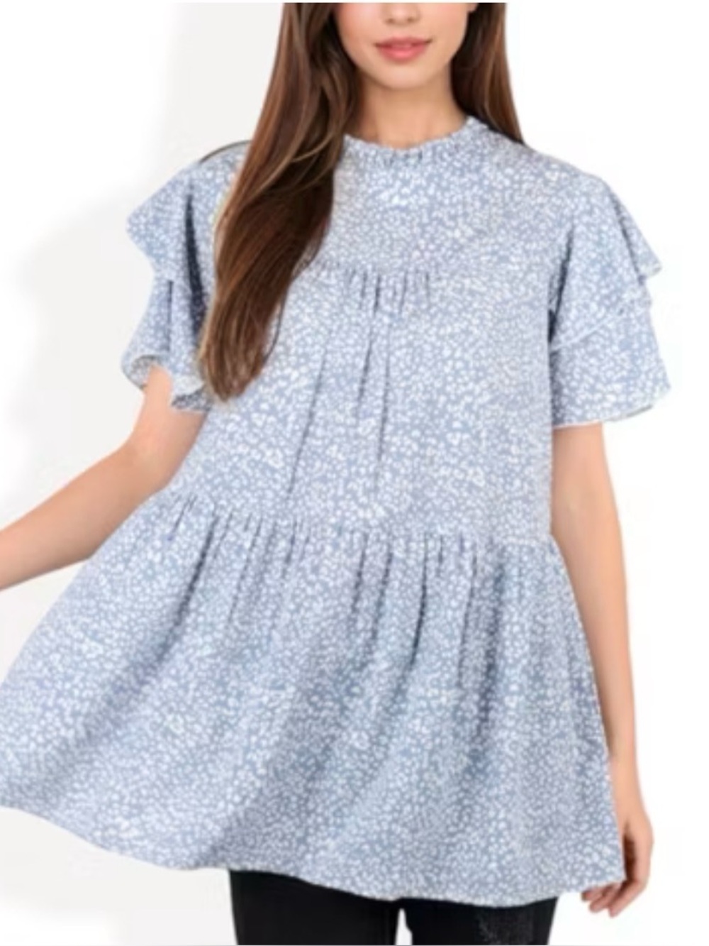 Blue and cream babydoll ruffled tiered top size large